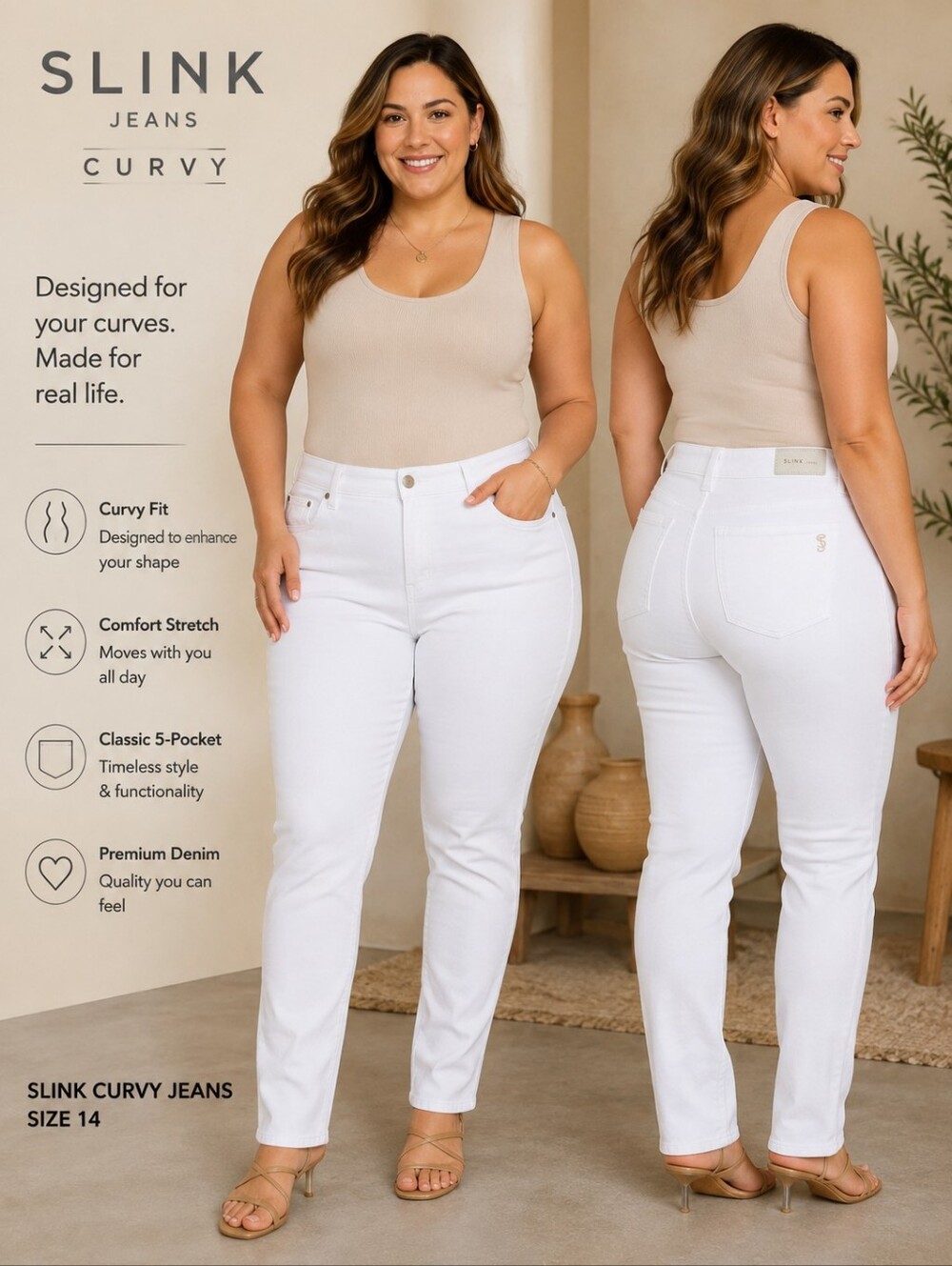 Slink Jeans Curvy White Stretch Skinny Jeans 5-Pocket Denim Size 14